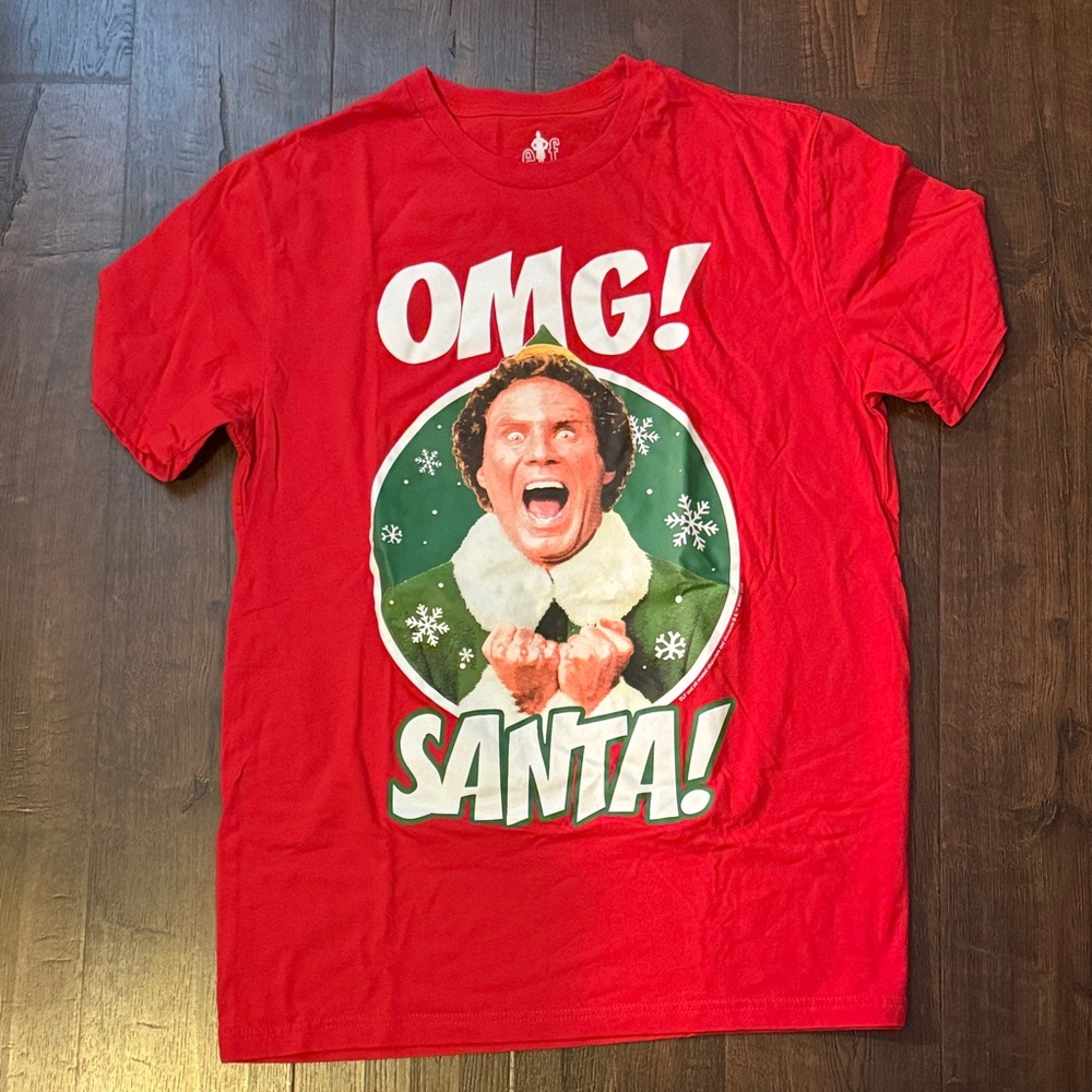 Elf Red "OMG! SANTA!" Graphic Holiday Tee